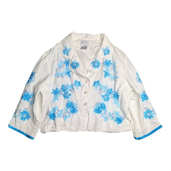 Vtg Y2K Live a Little White Blue Floral Embroidered Button Up Cropped Jacket XL - Picture 1 of 5